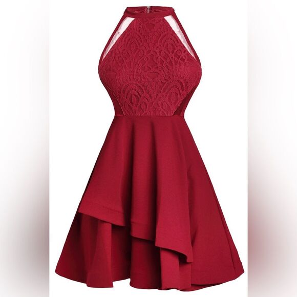 Red Lace Mesh Halter Skater Fit and Flare Burgundy Dress - Size 2x / XXL - Picture 1 of 12